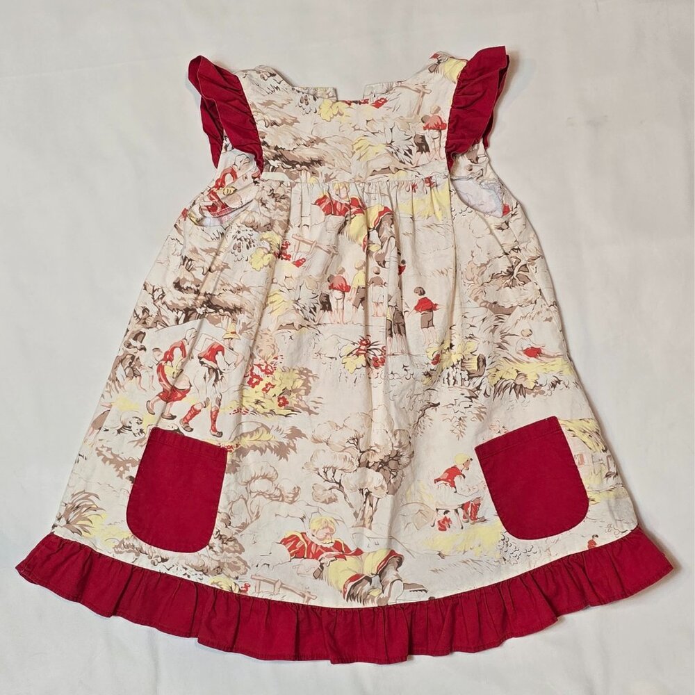 Girls Toile Print Ruffle Dress with Pockets – Size Unknown (See Measurements)